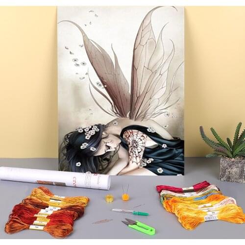 Angel Butterfly Printed Canvas 11CT Cross Stitch Set DIY Embroidery DMC Threads Craft Sewing Hobby Painting Package Mulina