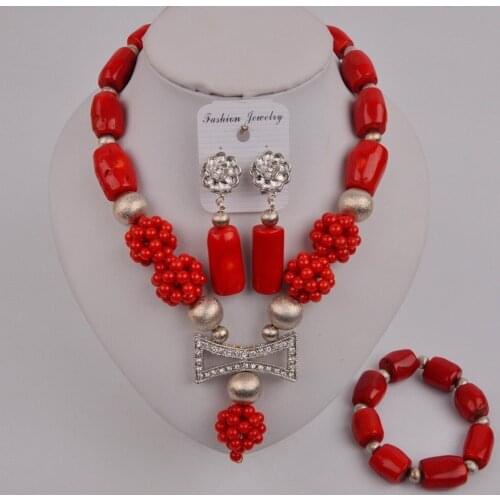 Latest Red Coral Necklace Jewelry Set Nigerian Wedding African Beads Bridal Jewelry Sets for Women 12-M-04