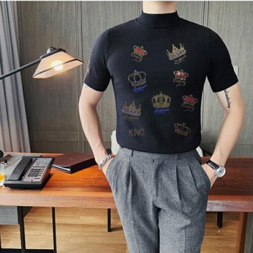 Spring Summer New Hot Diamond Pattern Knitted T-Shirt Sweater Comfortable Cashmere Short-Sleeved Mens High-End Brand Pullover