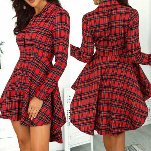 New Fashion Women Girls Plaid Button Blouse Dress Sexy Irregular Dresses Long Sleeve Casual Cotton Blend Mini Shirt Dress Red