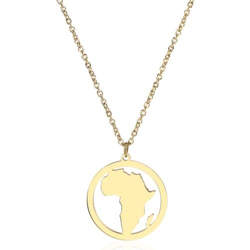Simple style Gold Plated circle africa map chocker pendant Necklace lady titanium steel short clavicle chain 2pcs x