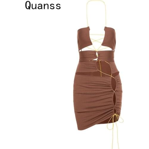 Quanss Sexy Hollow Out Bandage Drawstring Halter Mini Dress Women Club Party Wear Oufits Summer 2021 Backless Bodycon Dresses