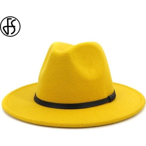 FS Yellow White Fedoras Hats Wide Brim Wool Felt Bowler Women Men Trendy Jazz Hat Black Purple Gambler Panama Trilby Caps