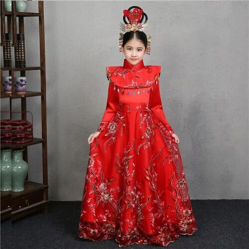 Princess Ancient Costumes for Children Folk Dance Embroidery Fairy Dress Kids Traditional Hanfu Tang Suit Costume for Stage