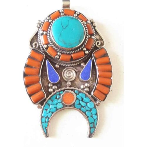 TBP761 Indian Vintage Jewelry Copper Inlaid Colorful Stone Pendants Big Pendant