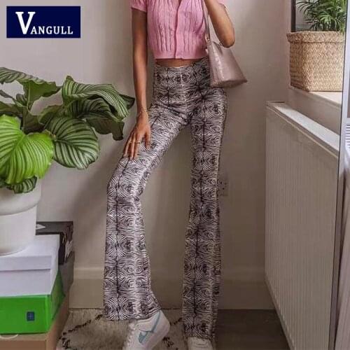 Vangull Casual Wood Grain Printing Straight Elastic High-Waisted Trousers Printed Street Hipster Boot Cut Trousers Pants