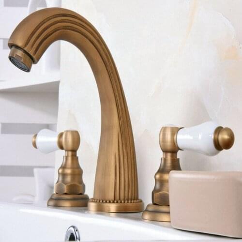 Vintage Retro Antique Brass Deck Mounted Dual Handles Widespread Bathroom 3 Holes Basin Faucet Mixer Water Taps aan070