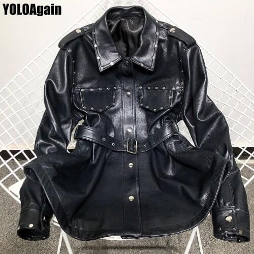 YOLOAgain women genuine leather jacket ladies single breasted real leather jacket with belt