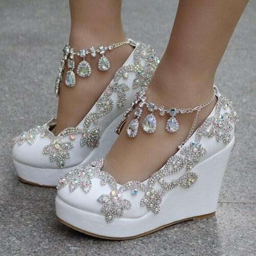 New Ladies White Sweet Cute womens Pumps Wedges High Heels Pumps Fashion Platform Rhinestone fringed wedge heel Shoes Woman