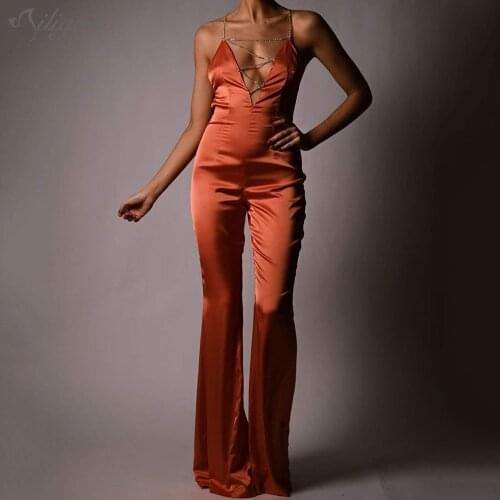 Ailigou 2021 New Summer Fashion Ladies Jumpsuit Sexy Halter Halter Diamond Chain Hollow V-neck Skinny Long Satin Sling Jumpsuit