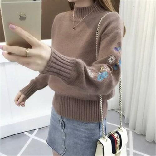 Women Floral Embroidery Knitted Sweater 2020 New Autumn Winter Ladys Turtleneck Long Sleeve Knitting Jumpers