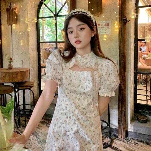 Mini Dress 2021 Women Shorts Sleeve Puff Stand Collar Slim Cheongsam Summer Sweet China Casual Femme Vestidos Hollow Out Yellow