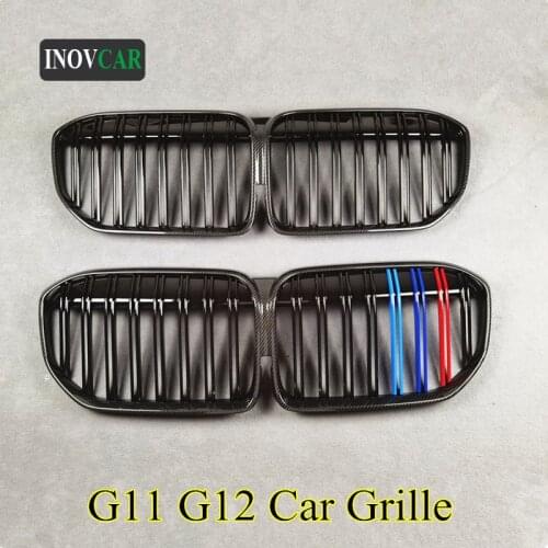 1 Piece G11 G12 Carbon Pattern Black Front Bumper Kideny Grill Grille For BMW 7 Series 2020+ Dual Line Mesh Grilles