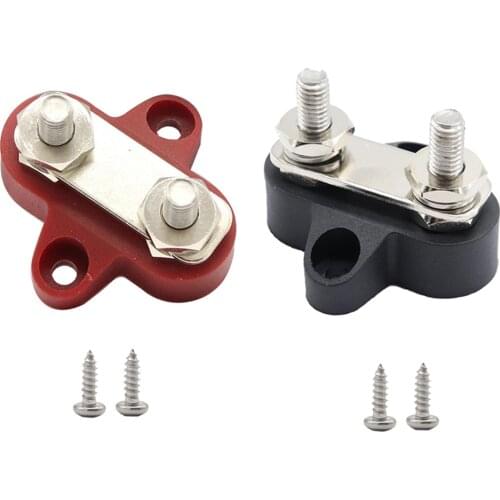 2Pcs M6 (1/4'') Stainless Steel Dual Stud Power and Ground Junction Blocks, Battery Power Stud Junction, Black & Red