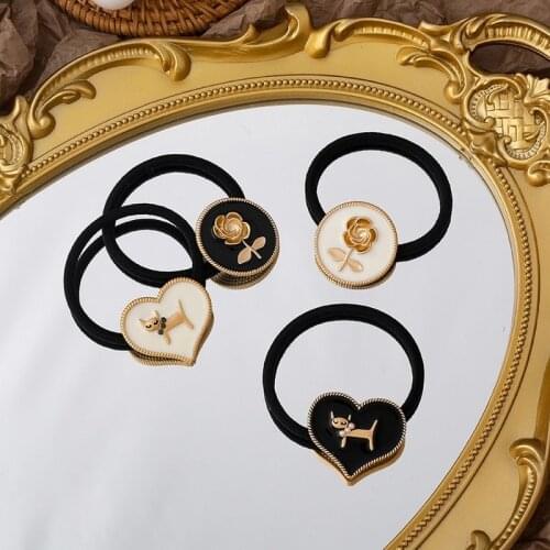 2021 French Vintage Rose Flower Cat Hair Ring Ins Metal Hair Rope Tie Ponytail Rubber Band Head Rope Korean Hair Accessories