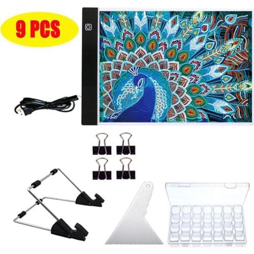 9pcs A4 LED Light Pad for Diamond Painting Adjustable Brightness with Detachable Stand and Clips And 28 Girds Storage Box