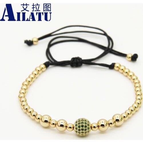 Ailatu 4mm High Quality Plated Round Beads with 9mm Green CZ Ball Braiding Macrame Bracelet