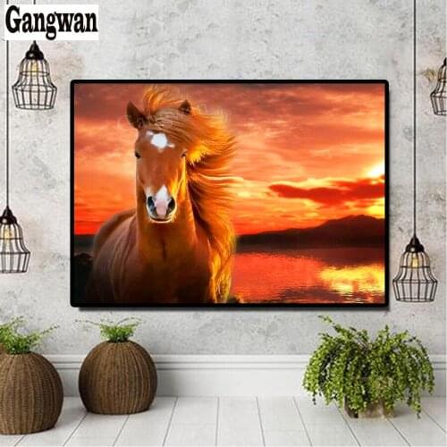 Diamond painting sunset horse pattern full square cross stitch product diamond set mosaic painting 5d diamond embroidery decor
