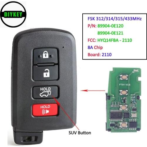 DIYKEY Board 2110 Smart Key 4 Button FSK 312/314/315/433MHz 8A Chip for Toyota Highlander Limited HYQ14FBA-2110, 89904-0E120(1)