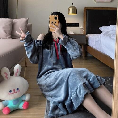Flannel Night Skirt Horizontal Neck Women Sleepwear Sexy Winter Pullover Bowknot Medium Style