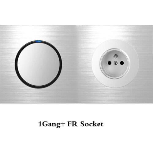 French Standard Socket Double Panel 1Gang Switch+ FR Socket Household Silver Aluminum Alloy Panel Switch Socket 90V-250V