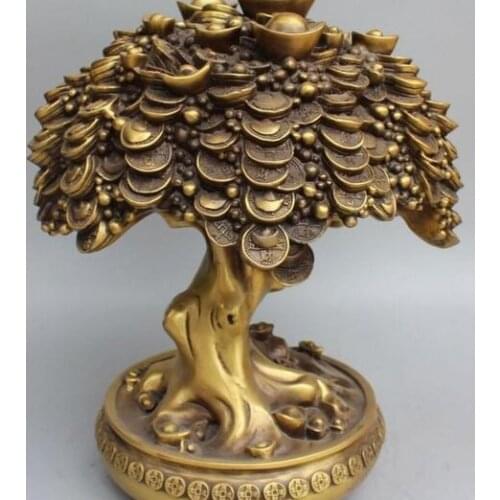 Exquisite Feng Shui Bronze Wealth Money Yuanbao treasure bowl Money tree Statue