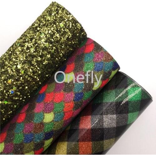 Onefly Matt Chunky Glitter Leather, Mermaid Glitter Fabric, Plaids Faux Leather Glitter Sheets For Bow DIY handbags shoes AQ017