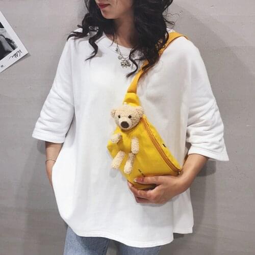 Ins fashion canvas bag student girl cute plush bear doll earphone line hole Korean trend chest bag