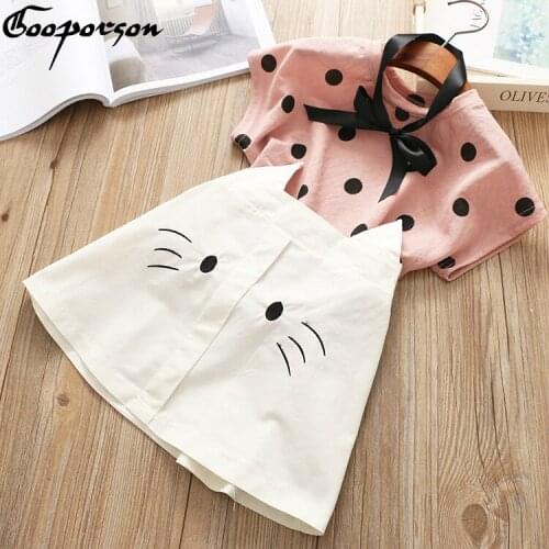 Girls Fashion Clothes Set New Lovely Dot Shirt With Cat Skirt Summer Outfit Sets Cotton Clothing Set For Kids And Children Sets