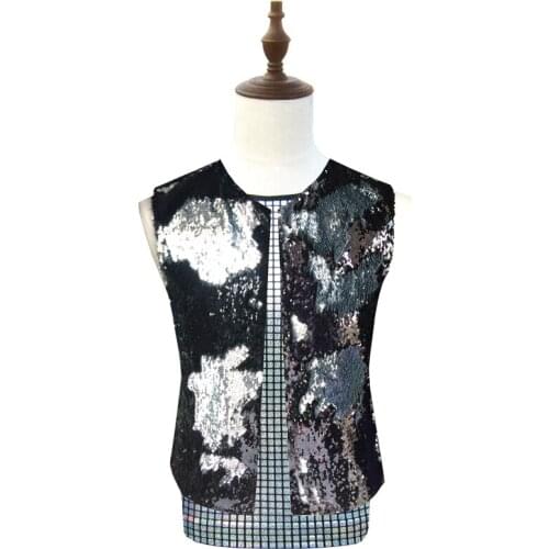 Men vest Flip Sequin clothing personality slim male sleeveless vests men punk rock costumes singer dance stage star fashion