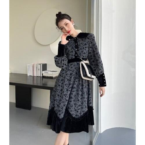 Spring And Autumn Retro 2021 New Womens Spring Slim Mid-length Dress French Retro Stitching High Waist Long Sleeve Floral Dress