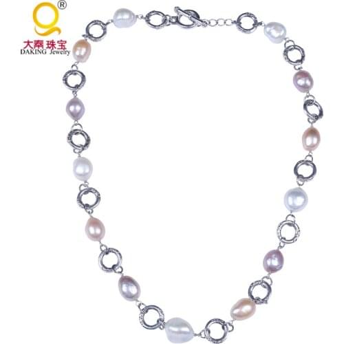 New fashion 11-13mm multi color big baroque freshwater pearl necklace short paragraph hollow circle link chain necklace