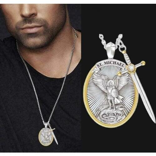 Pendant Necklace Round Shape Peculiar Design Angel Dragon Killer Warrior Necklace for Men