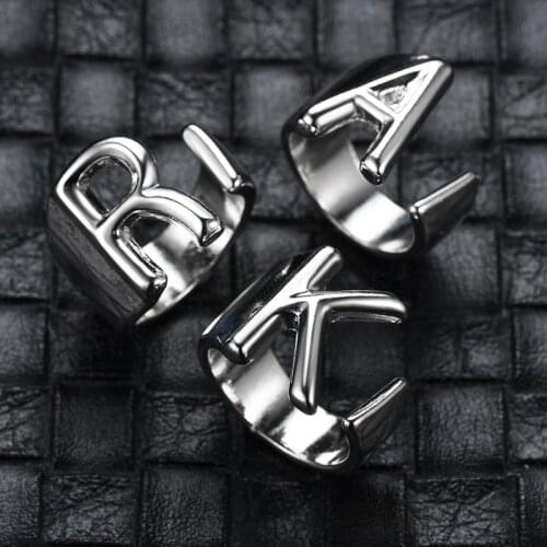 Hollow A-Z Letter Stainless Steel Adjustable Open Ring Initials Name Alphabet Female Party Chunky Wide Trendy Jewelry