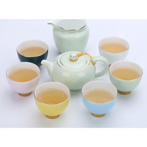 Factory direct sales 8 pcs rainbow love Kung Fu tea set inlaid gold ceramic cup cup elegant cup