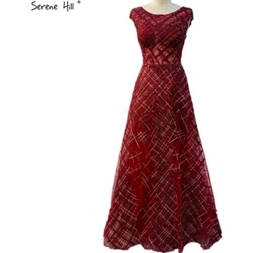 Serene Hill Dubai Burgundy A-Line Evening Gowns 2020 Cap Sleeves Beading High-end Sexy Tulle Formal Dress LA70573
