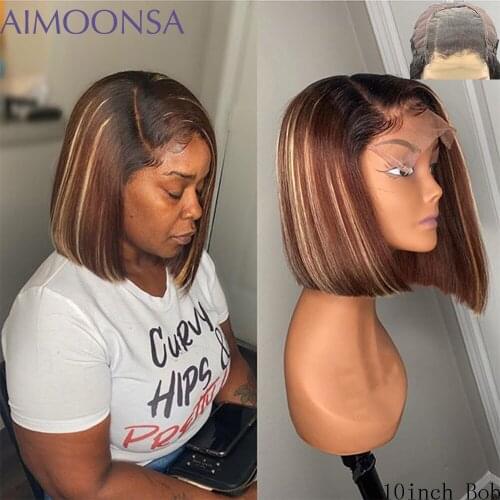 Highlight Short Bob Wig Pre Plucked 4*4 Lace Closure Wig Brazilian Colored Lace Front Wigs Human Hair 130% Remy Bleacked Knots