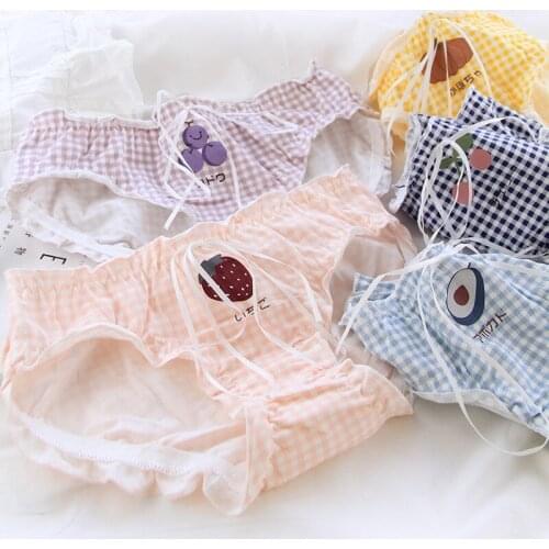 Japan Sweet Girl Plaid Cute Panties Bow Fruit Print Ruffle Cotton Women Underwear Mid Waist Student Seamless Briefs