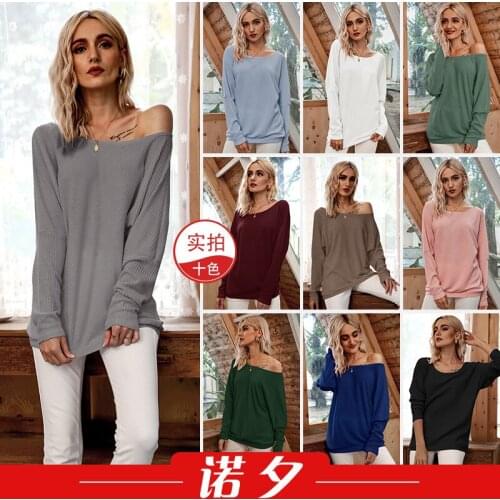 Womens T-shirts femme tshirts 2020 winters sexy off-the-shoulder bat sleeve screw thread T-shirt top dropshipping LX1319