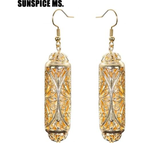 Sunspicems Gold Color Moroccan Long Drop Earrings for Women Arab Wedding Jewelry Hollow Metal Ball Sahara Traditional Bride Gift