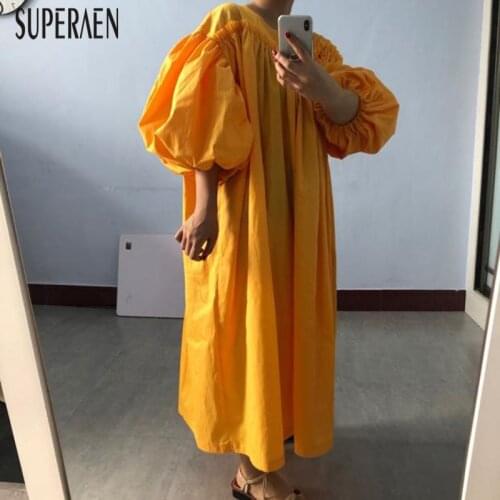 SuperAen Europe Long Dress Women Solid Color Cotton Casual Ladies Dress Puff Sleeve 2021 New Spring and Summer Women Clothing
