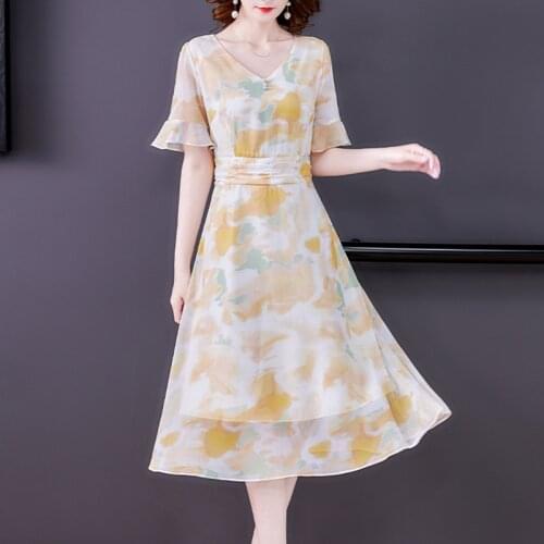 2021 Casual Vintage 3XL Plus Size Chiffon Beach Dress Summer Print Short Sleeve Midi Dress Women Elegant Bodycon Party Vestidos