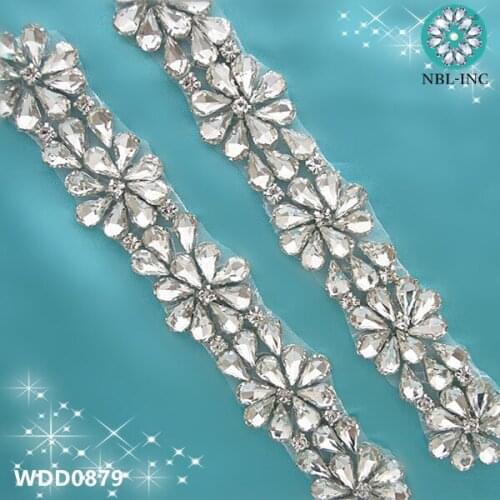 10 yards) Wholesale bridal hand beaded sewing silver crystal rhinestone applique trim for wedding dress WDD0879