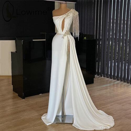 Ivory One Shoulder Straight Evening Dresses Sexy High Split Beading Tassel Satin Formal Prom Party Gowns
