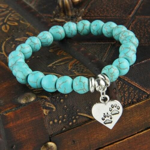 Lovely Dog Tag Pet Paw Footprint Love Heart Charms Bracelet Natural Stone Blue Beads Chain Bangle Women Family Friends Bracelets