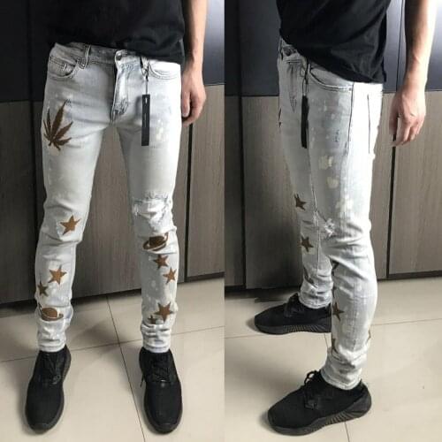 Spring Autumn Jeans Men Stretch Leg Slim Pants Embroidery Splash Patch Street Star Jeans Hombre Skinny Jean Men Moda Hombre 2020