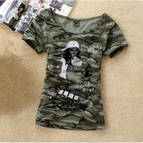 Summer Army Camouflage tshirt Women Letter Crown Printed T-shirts Stretch Military Uniform Big Size 4XL Casual Tee Tops Clothes