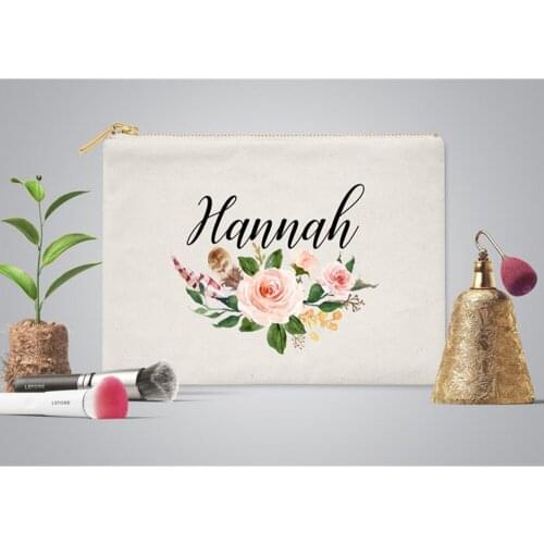 Canvas floral make up bag personalised greenery Bridesmaid Cosmetic Bag Pouch Makeup Bag hen party Toiletry bag flower girl gift