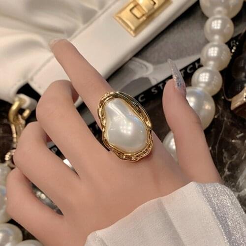 New Statement Big Baroque Pearl Open Gold Rings For Women New Jewelry Personality Ring Adjustable