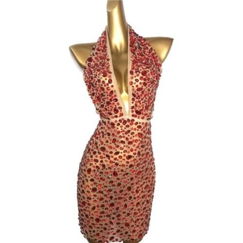Red Rhinestones Crystals Backless Dress Dance Evening Celebrate Sexy Mesh Transparent Costumes Outfit Prom Birthday Clothing